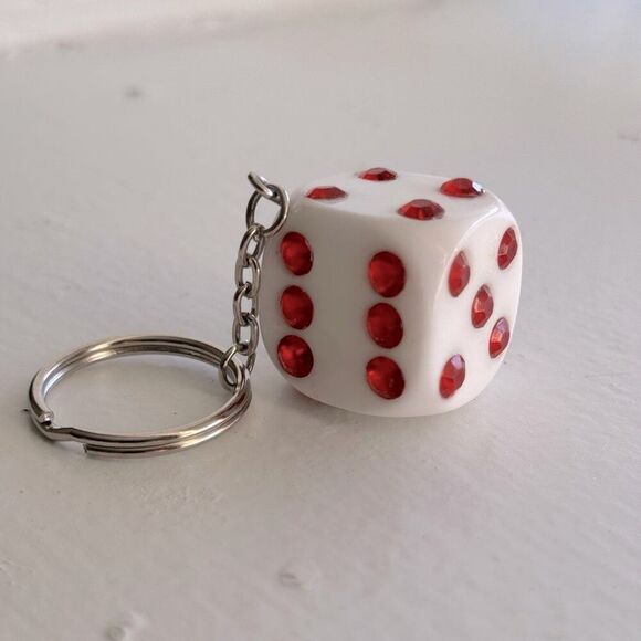 Vintage Lucky White Dice Keychain With Red Rhinestones - Picture 2 of 7